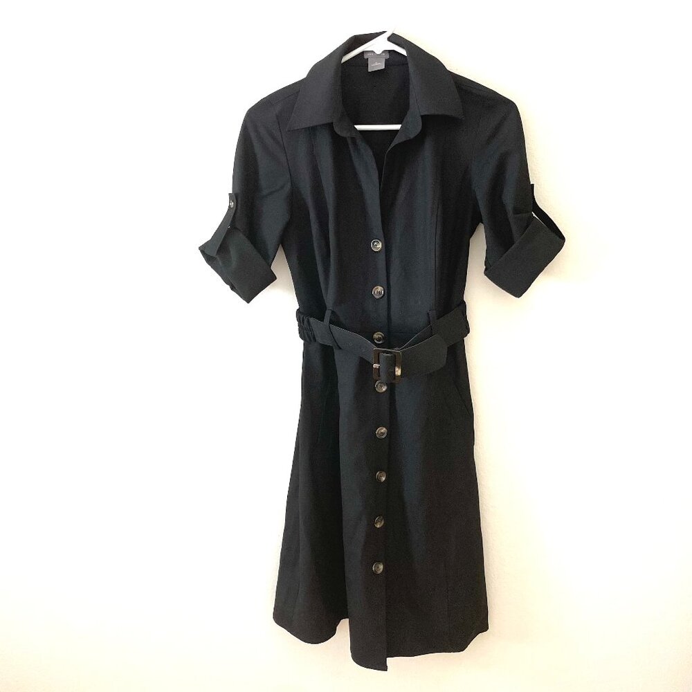 Ann Taylor Button Up Dress With Belt , Black   Size: 0